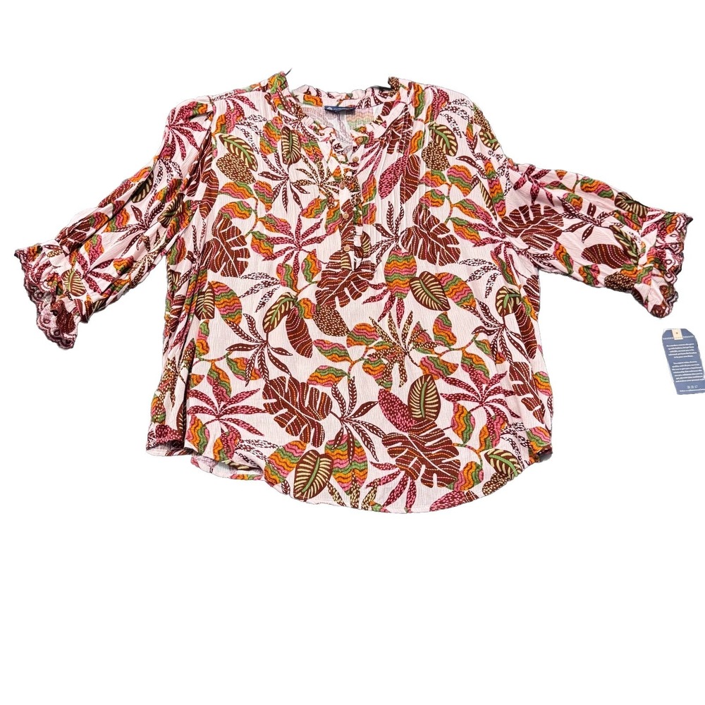 Democracy Tropical Leaf Blouse Top Sz 2X Embroidered‎ Trim NWT